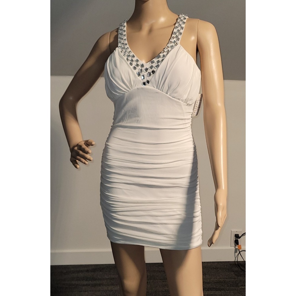 Sexy Women White Lace Rhinestone ‎ Mini Club Party Cocktail Dress Small N9073